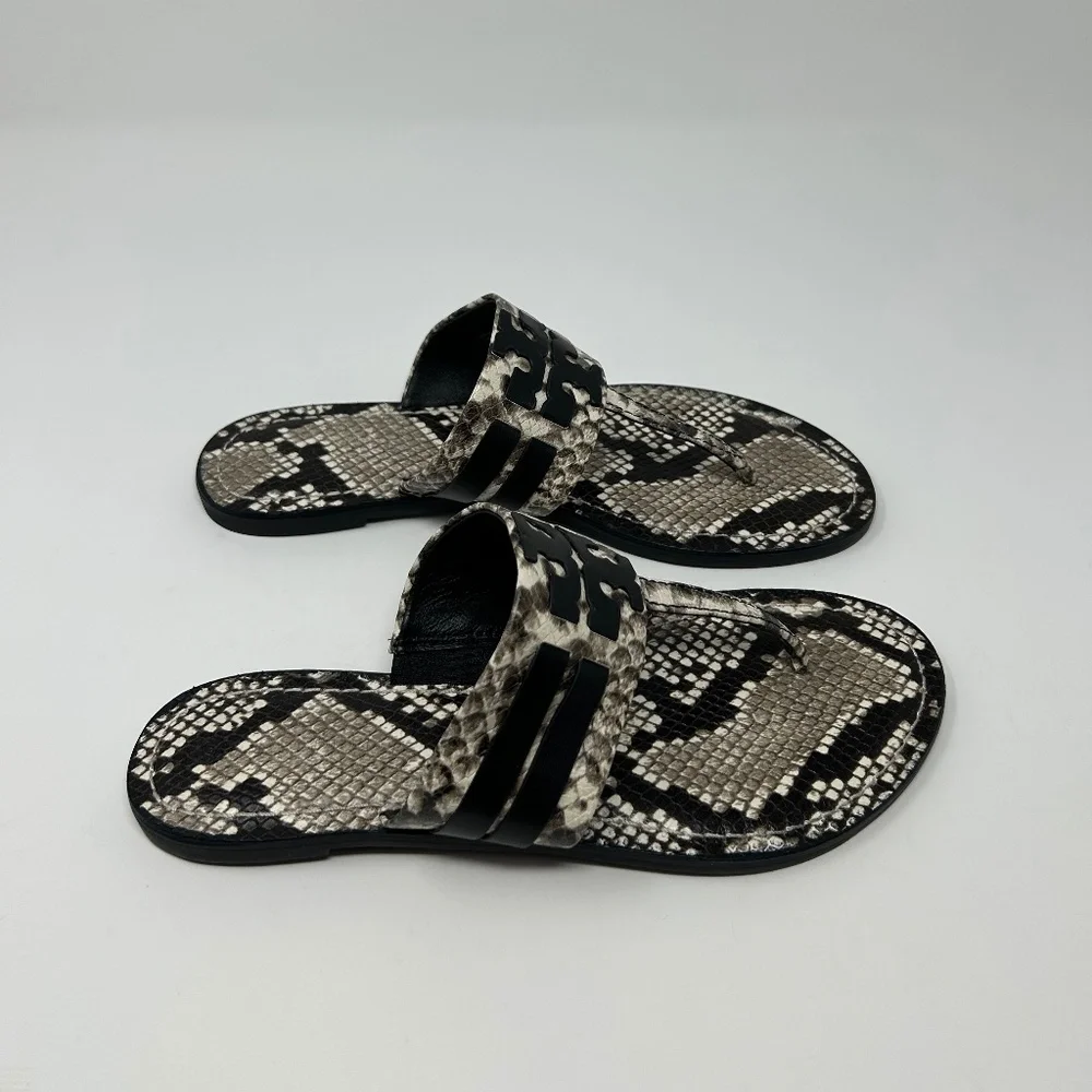 EUC Tory Burch Leigh Black/Gray Snakeskin Double T Thong Sandals Size 9 Preppy!